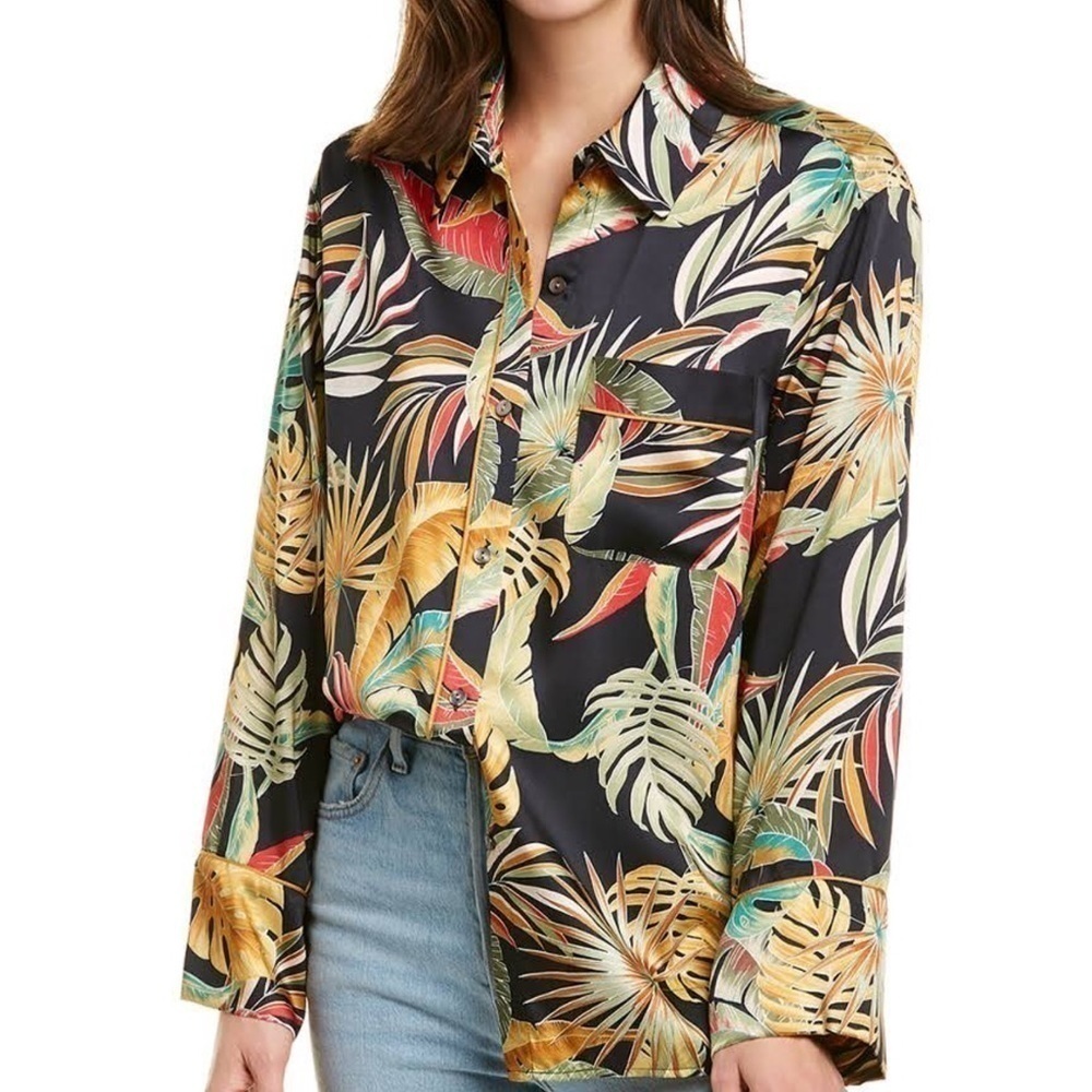 Revolve Petersyn Savina Black Tropical Leaf Button Down size XS T04